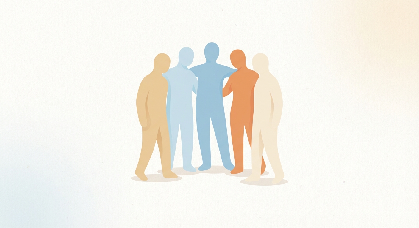A bright, friendly illustration showing five anonymous men in a supportive circle