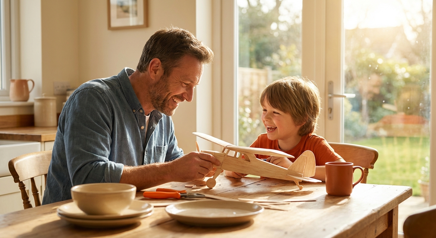 A bright, joyful moment of a dad and child building something together in warm daylight